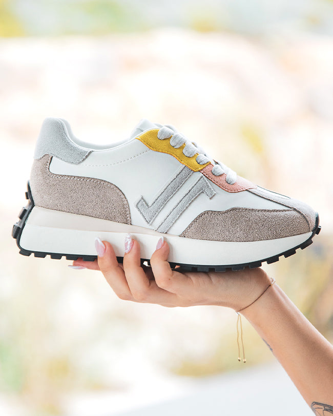 Basket CL11 running à lacet taupe/ rose et jaune