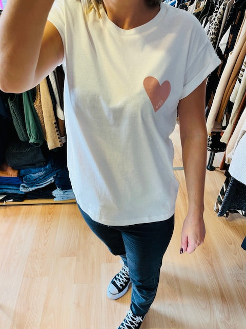 T-shirt cœur imprimé en velours "Kiss" rose poudré Take
