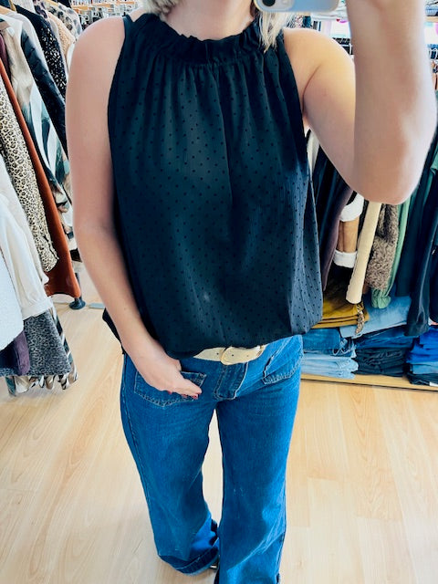 Top noir à pois floqués en velours Troy