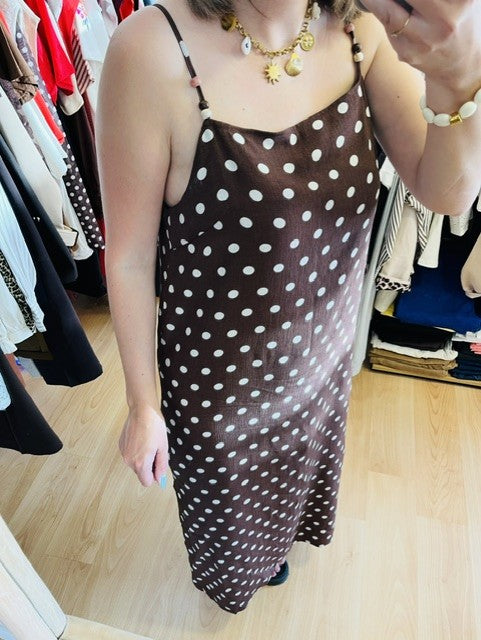 Robe longue à bretelles imprimée pois chocolat Jeanne