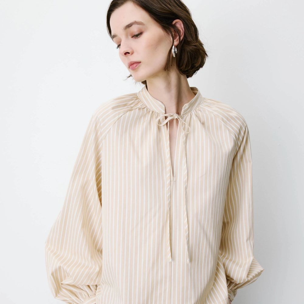 Blouse à rayures col mao à nouer beige Albane