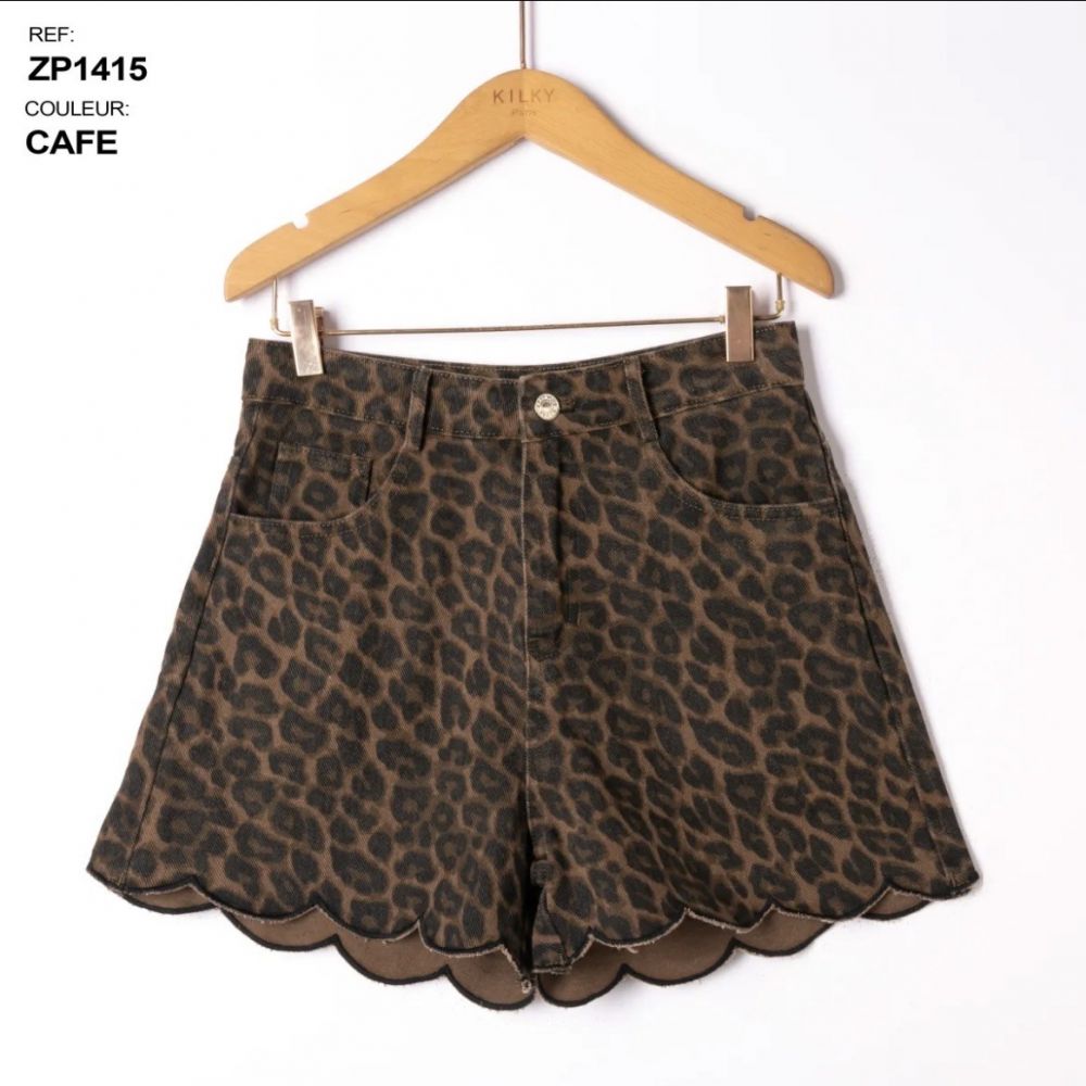 Short festonné imprimé léopard marron Eddy