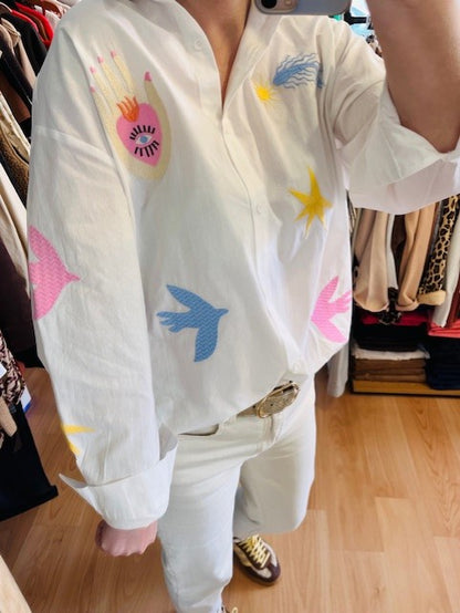 Chemise blanche brodée motifs colorés Jade
