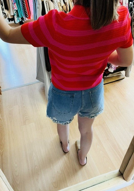 Top en maille à rayures rouge/fuchsia Vélicia