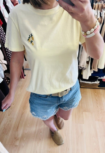 T-shirt Jaune Manches Courtes Broderie Citrons Melrose