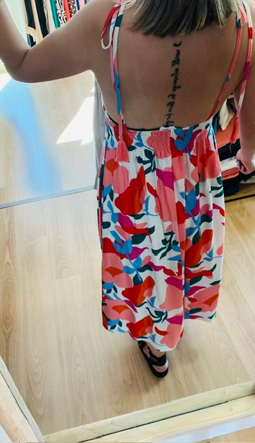 Robe longue imprimée colorée dos nu Calypso