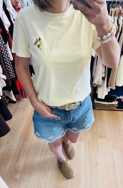 T-shirt Jaune Manches Courtes Broderie Citrons Melrose