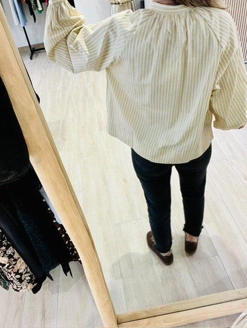 Blouse à rayures col mao à nouer beige Albane