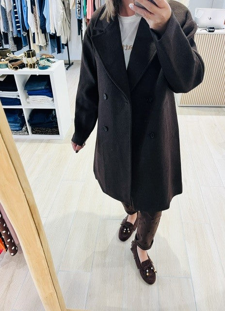 Manteau long croisé en laine mélangée chocolat Alois