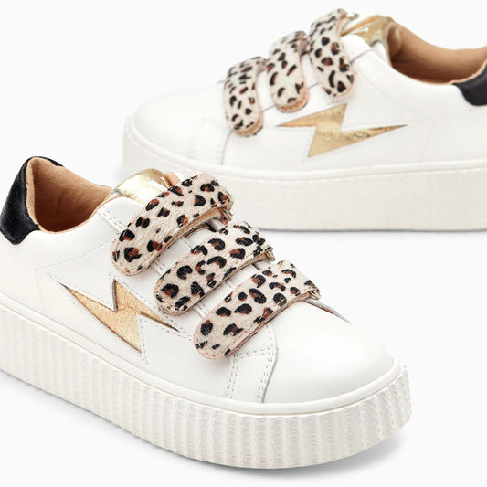 Basket compensée Maggie collection parents/enfants blanche et noir à scratch léopard Vanessa Wu