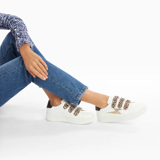 Basket compensée Maggie collection parents/enfants blanche et noir à scratch léopard Vanessa Wu