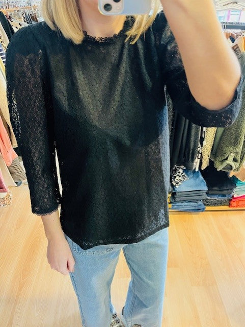 Blouse Phedre noire Grace & Mila en dentelle col rond manches 3/4