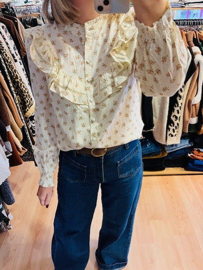 Blouse beige à motif floral Hortense - blouse femme - blouse retro - blouse à volant