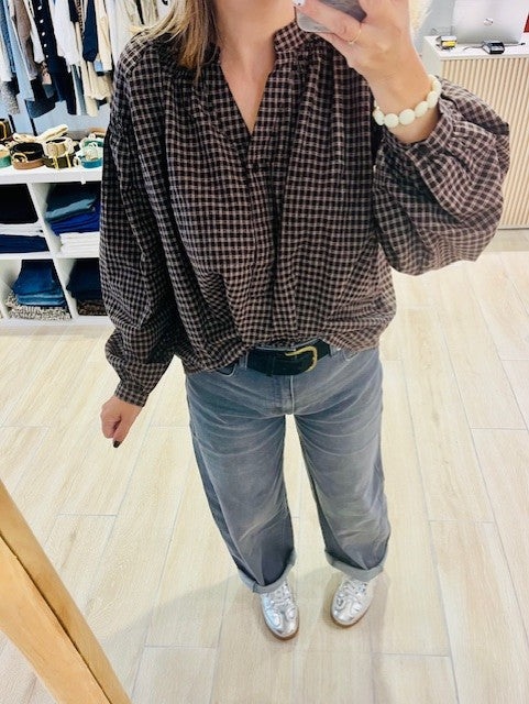 Blouse à carreaux marron femme - Blouse femme chic et tendance - Blouse fluide manches longues - Chemisier femme à carreaux - Blouse col V femme - Haut femme casual chic