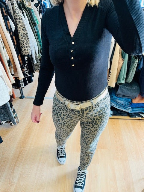 Body Grace & Mila - body côtelé femme - body décolleté  V - body noir chic - body élégant femme - body femme à boutons dorés