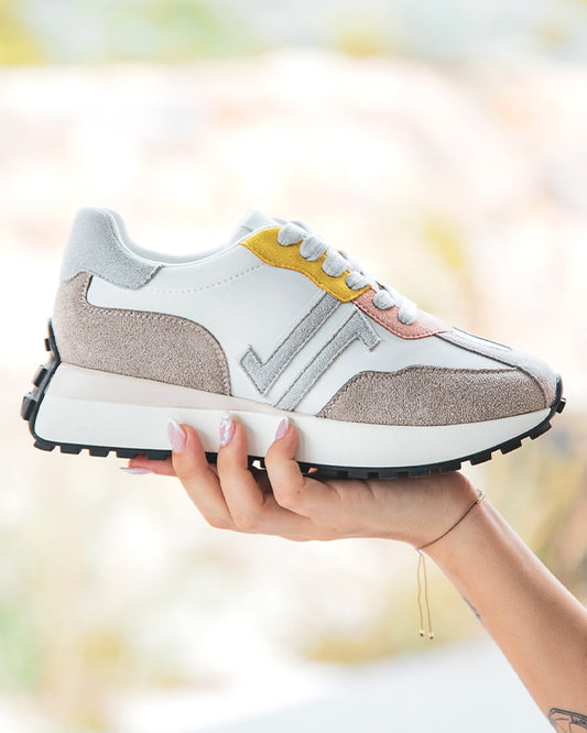 Basket CL11 running à lacet taupe/ rose et jaune 