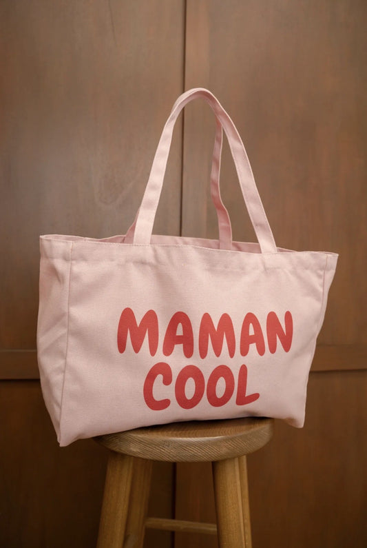Cabas "Maman cool" rose/rouge - tote bag maman - sac maman cool - cabas rose femme - idée cadeau maman - sac coton tendance - tote bag personnalisé maman 