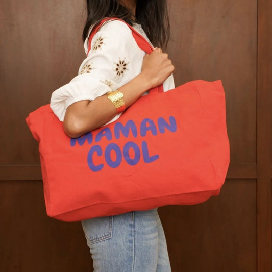 Cabas "Maman cool" rouge/bleu - tote bag maman - sac maman cool - cabas rose femme - idée cadeau maman - sac coton tendance - tote bag personnalisé maman 