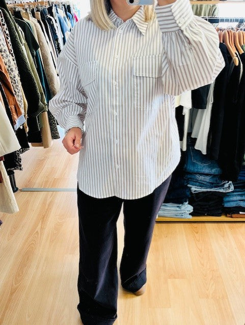 Chemise à manches longues à rayures Sorbet - Chemise Grace & Mila - Chemise à rayures kaki - chemise avec poches plaquée - Chemise oversize