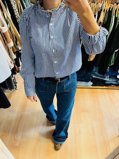Chemise à rayures bleues Imane - chemise col montant volant