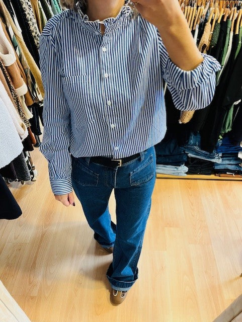 Chemise à rayures bleues Imane - chemise col montant volant