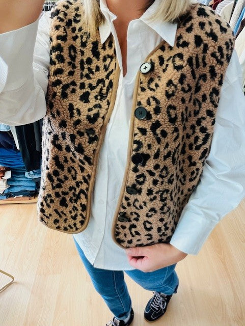 Gilet sans manches imprimé léopard Roméo - effet bouclette - fermeture par boutons - gilet à mettre sur un pull ou une chemise