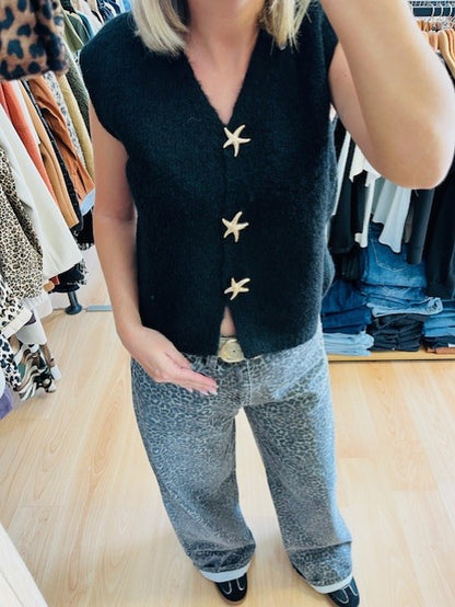 Gilet sans manches noir Robin - Gilet boutons étoile de mer - gilet à superposer - gilet col V