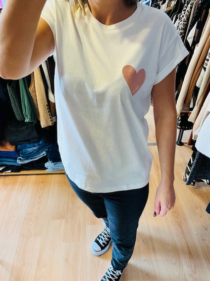 T-shirt cœur imprimé en velours "Kiss"  rose poudré Take