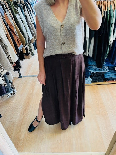 Jupe chocolat Célestine - jupe longue marron - jupe femme automne/hiver - jupe fentes - jupe ceinture tressée