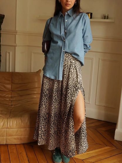 jupe longue léopard femme, jupe fluide imprimé animal, jupe bohême-chic, jupe fente