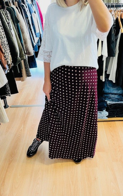 Jupe à pois bordeaux Elsa - pois rose clair - jupe satin - jupe longue