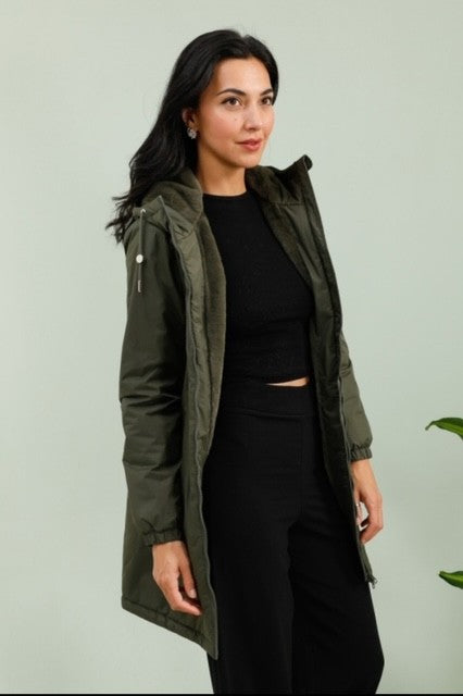 Manteau fourré kaki Gabin - Manteau imperméable - coupe mi longue 