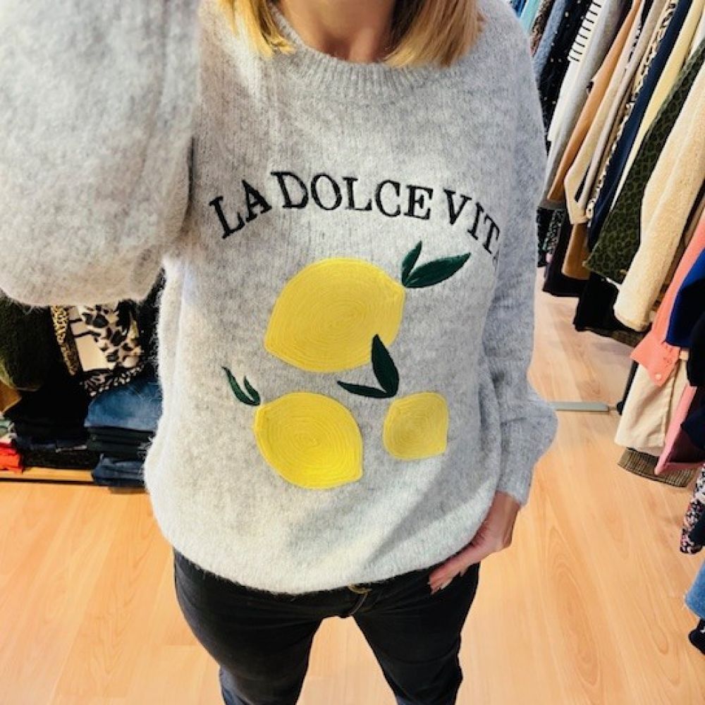 Pull gris inscription "Dolce vita"noir motifs citron jaune col rond taille unique