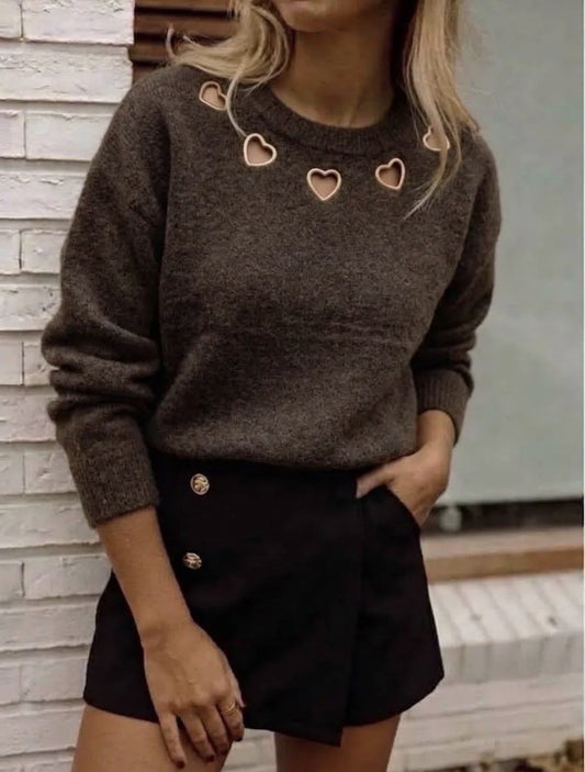 pull femme marron - pull femme à cœurs - 
pull femme tendance -pull femme chic- pull femme automne hiver