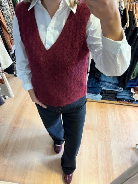 Pull sans manches à sequins bordeaux - pull col V - pull ajouré - maille douce