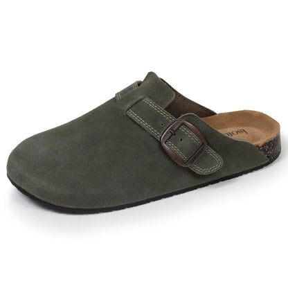 Mules en cuir avec surpiqûres kaki