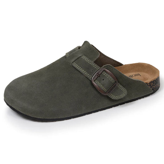 Mules en cuir avec surpiqûres kaki