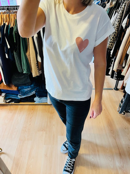 T-shirt cœur imprimé en velours "Kiss"  rose poudré Take - t shirt col rond femme - t shirt Grace & Mila