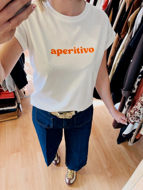 t-shirt aperitivo femme - t-shirt message orange - t-shirt blanc imprimé femme - t-shirt Grace & Mila femme - t-shirt coton col rond femme - t-shirt casual chic femme - t-shirt slogan italien mode - t-shirt été femme tendance