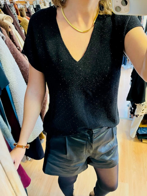 Top lurex noir - top noir à strass - top col V noir femme - Top Tango Grace & Mila - Top scintillant femme - top noir pailleté - top fête - top de soirée noir