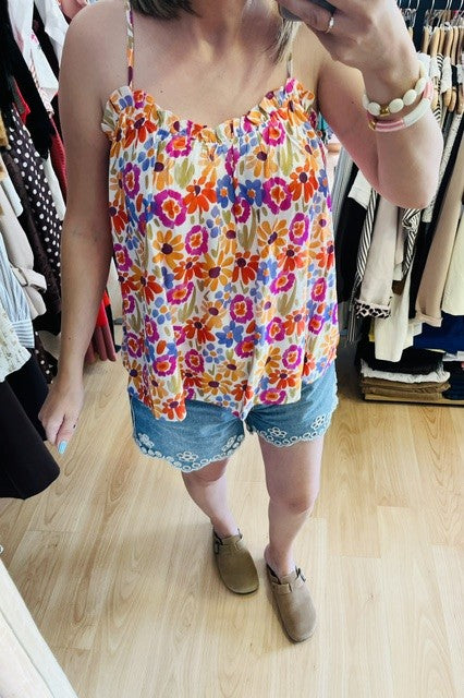 top fleuri femme- top multicolore- débardeur bohème femme- top à fleurs été- top fluide femme- blouse fleurie tendance- top à bretelles femme- look bohème été- top coloré femme