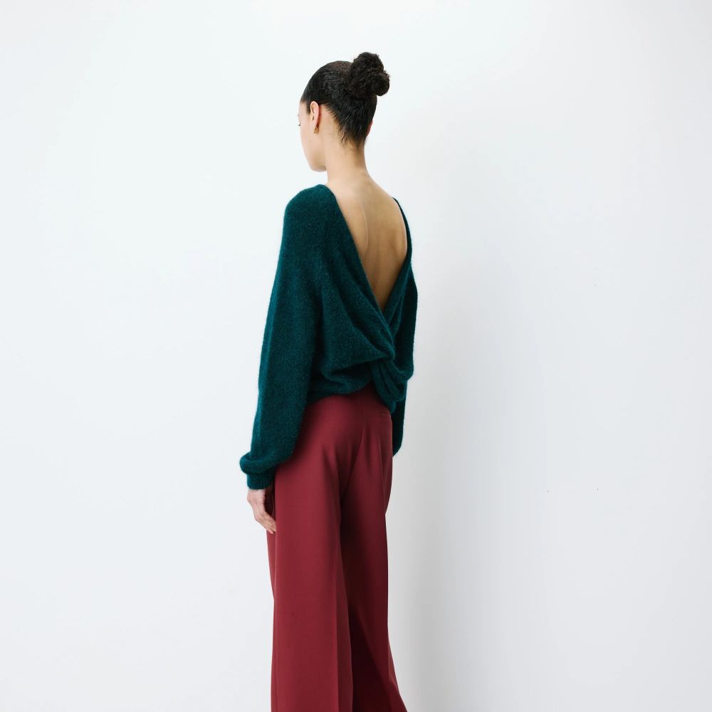 Pull ample en maille dos nu croisé émeraude Anthemis