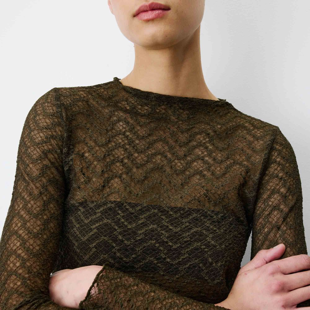 Top en dentelle transparente manches longues kaki Aube