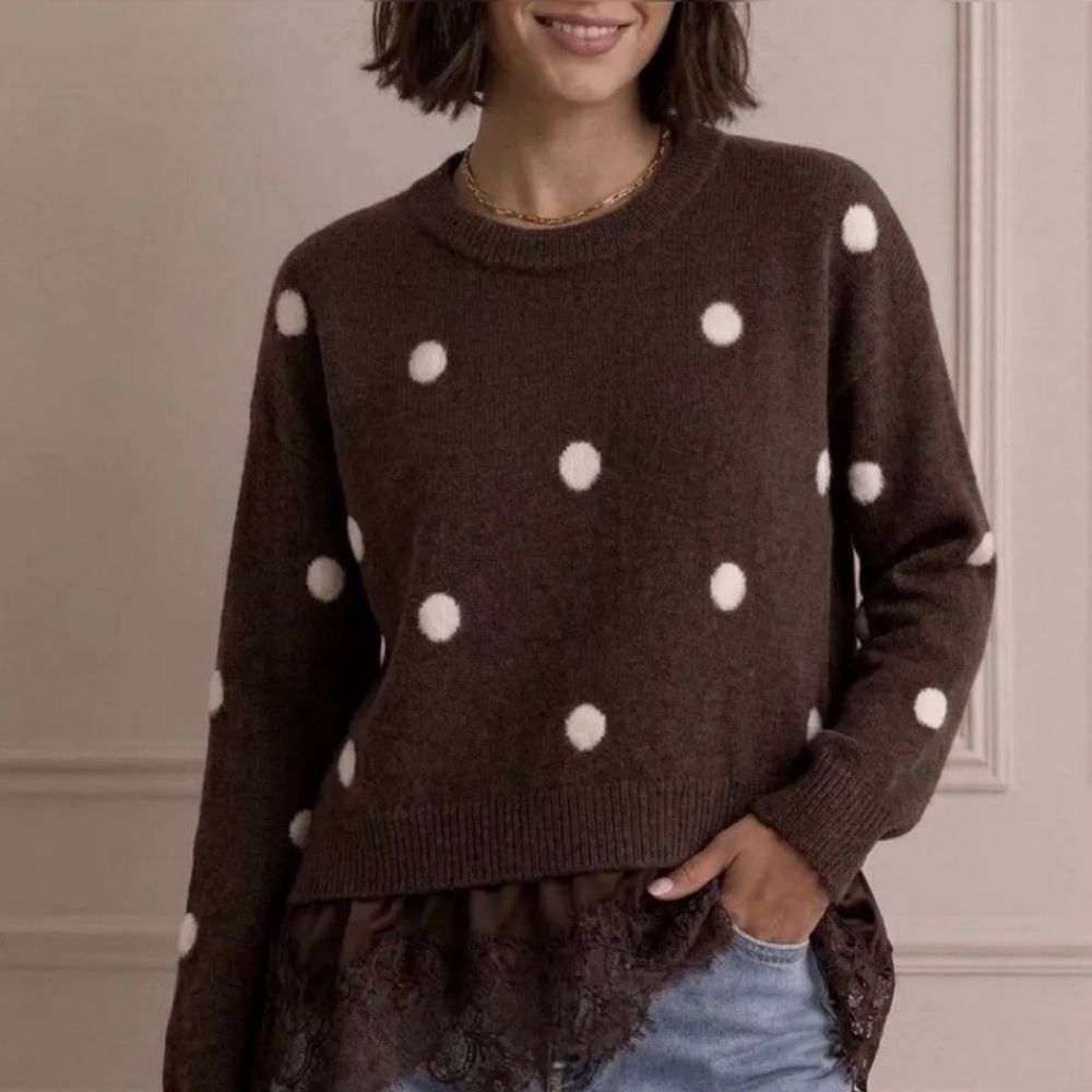 Pull dentelle marron à pois Louison