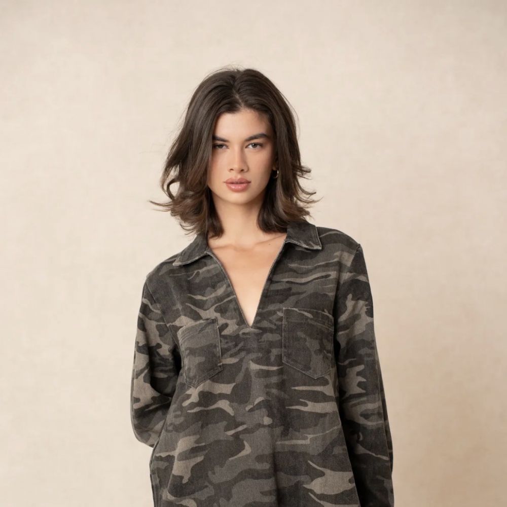 Robe effet denim camouflage kaki