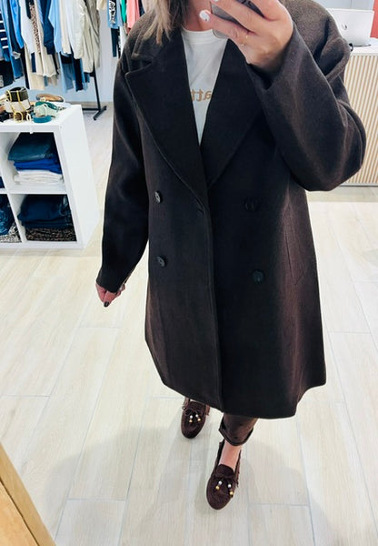 Manteau long croisé en laine mélangée chocolat Alois