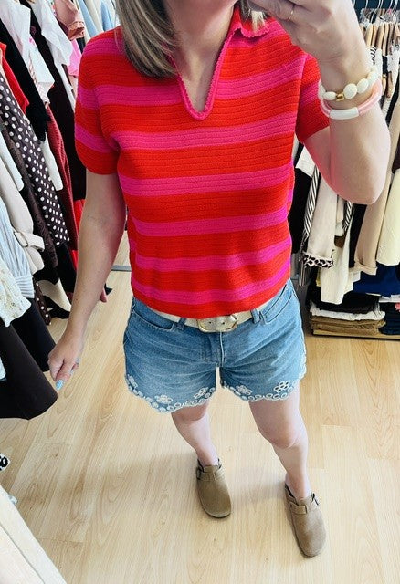 Top en maille à rayures rouge/fuchsia Vélicia