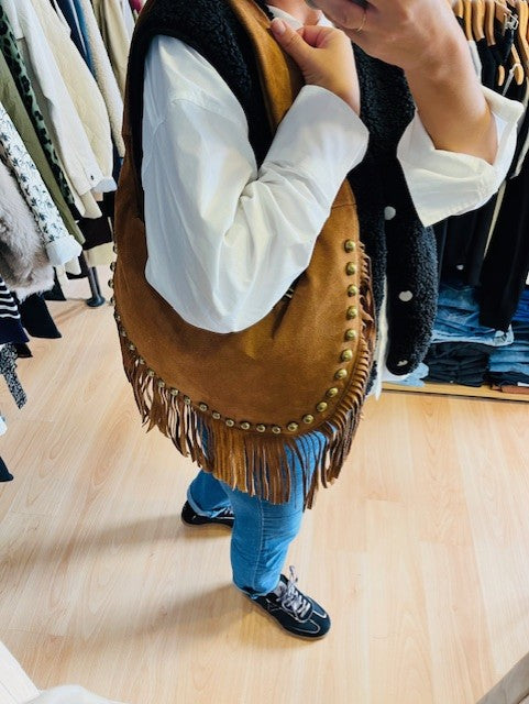 Sac à franges en cuir camel Jessy