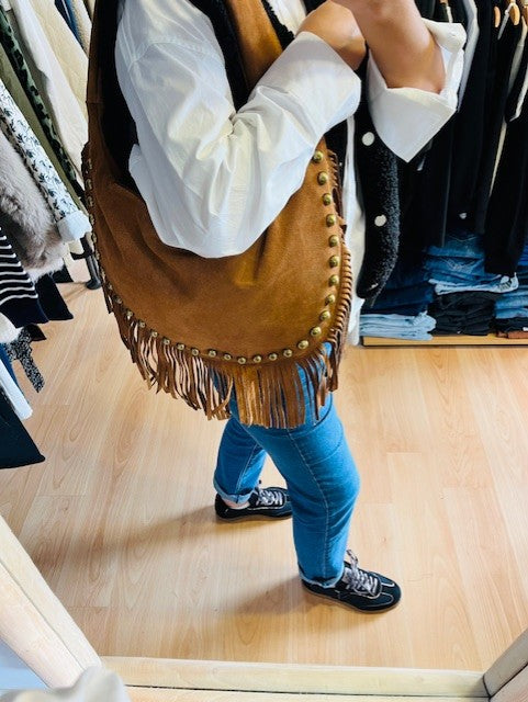 Sac à franges en cuir camel Jessy