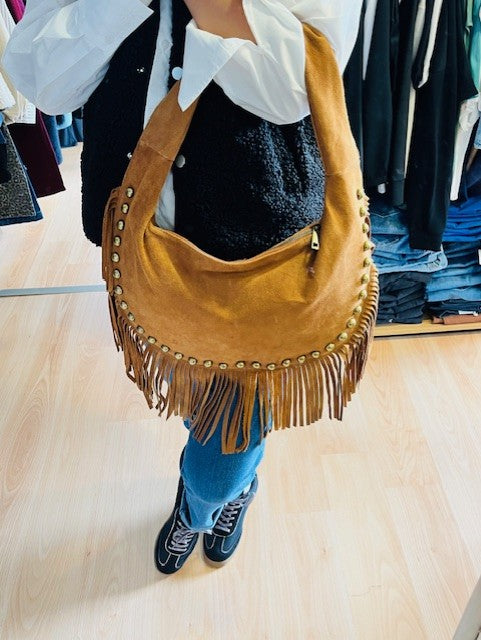 Sac à franges en cuir camel Jessy